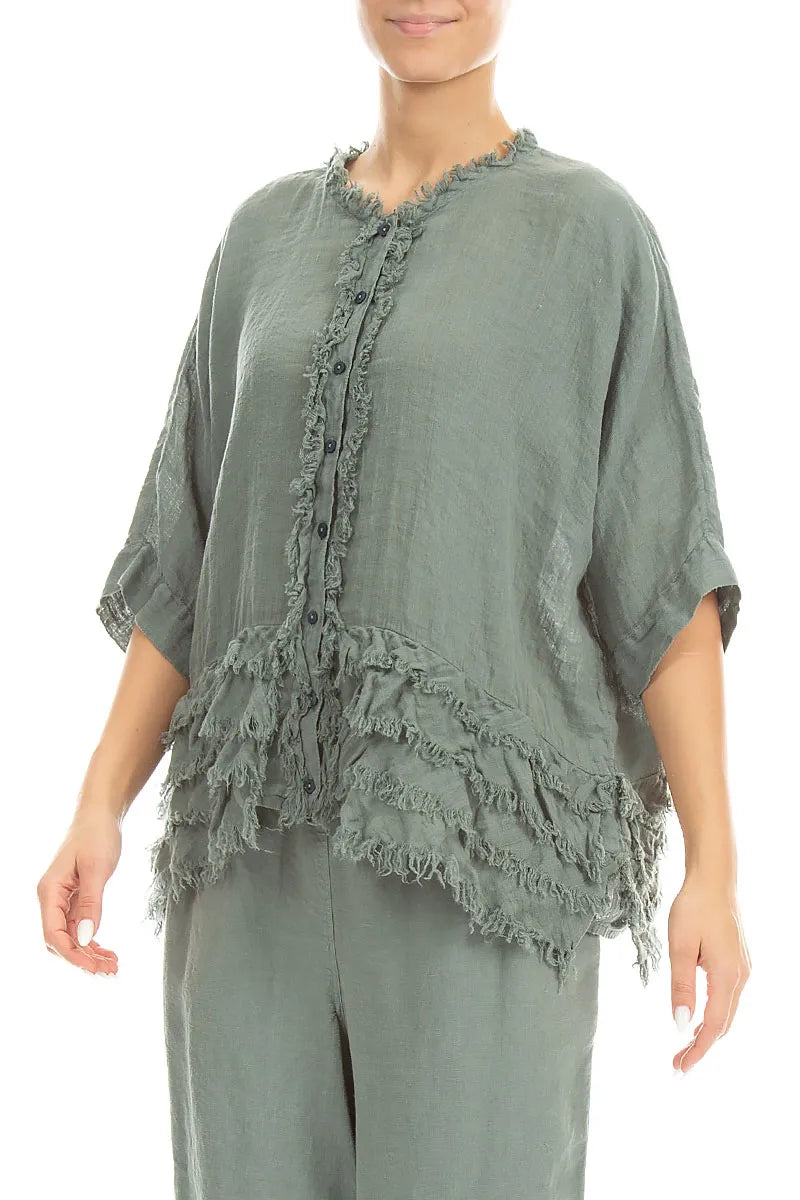 Boxy Frayed Edge Sage Gauze Linen Blouse 3