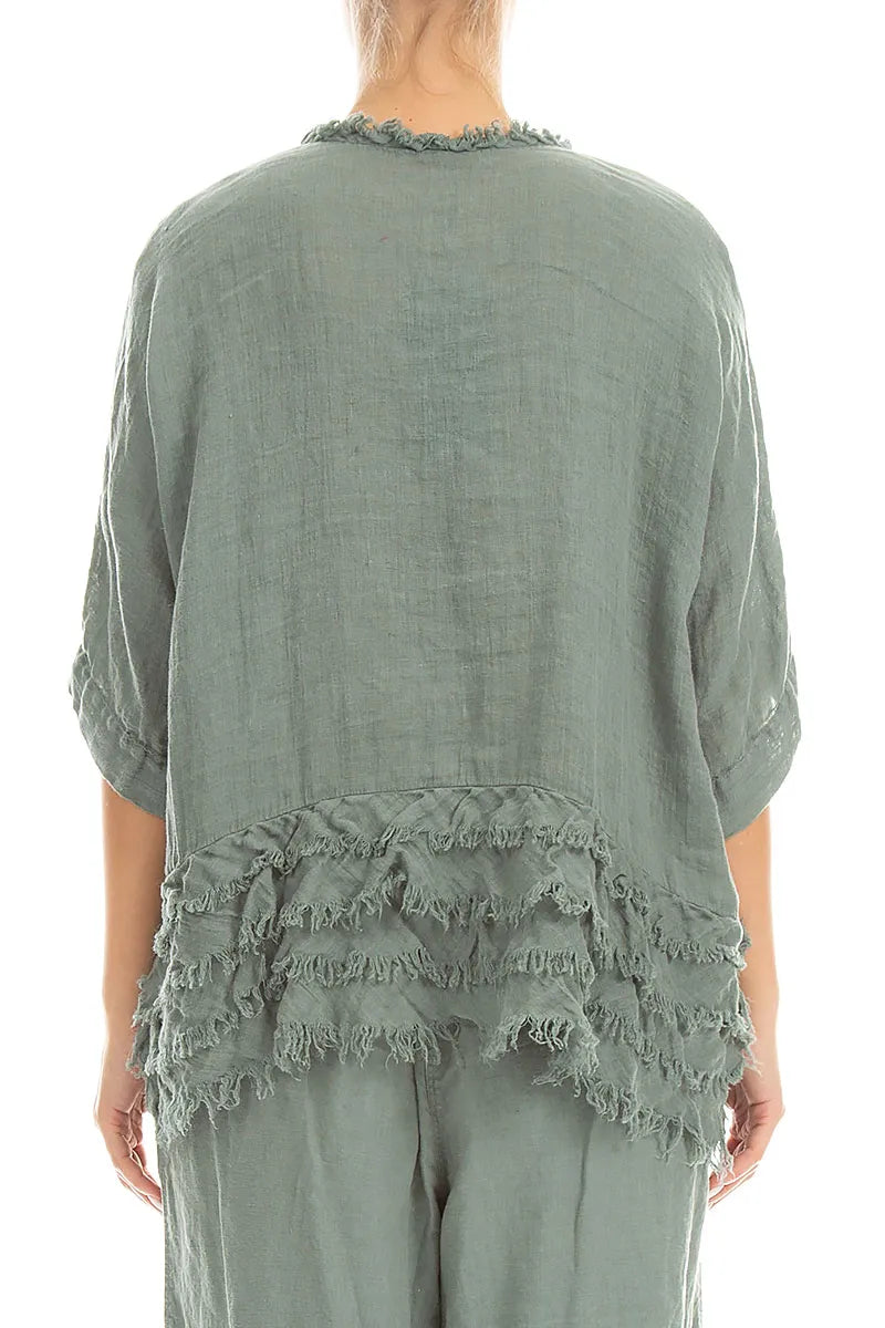 Boxy Frayed Edge Sage Gauze Linen Blouse 2