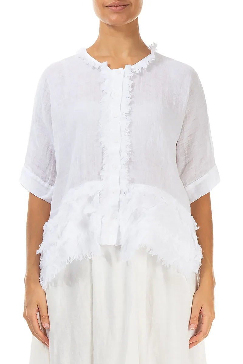 Boxy Frayed Edge White Gauze Linen Blouse 1