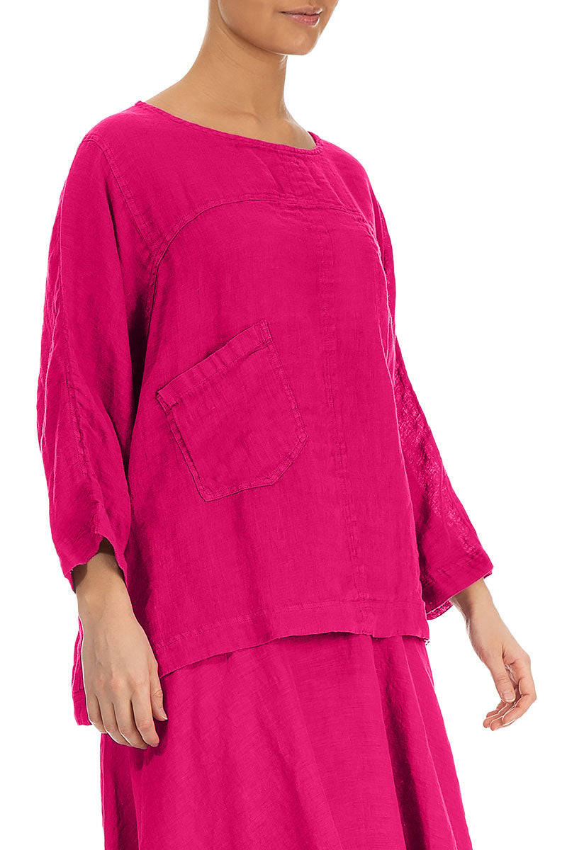 Kastige Bluse aus Fuchsiatüll-Leinen