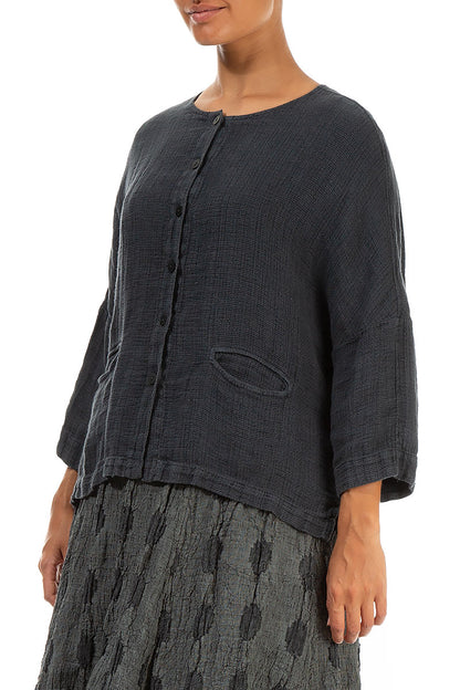 Boxy Graphite Textured Linen Jacket Blouse