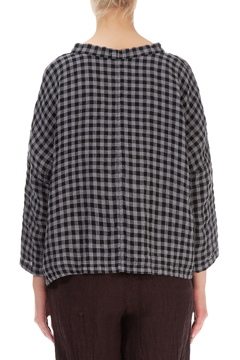 Boxy Grey Check Linen Blouse