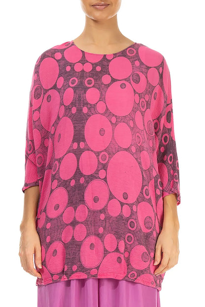 Kastenförmige Bluse aus Seidenviskose mit Kreismuster in kräftigem Pink