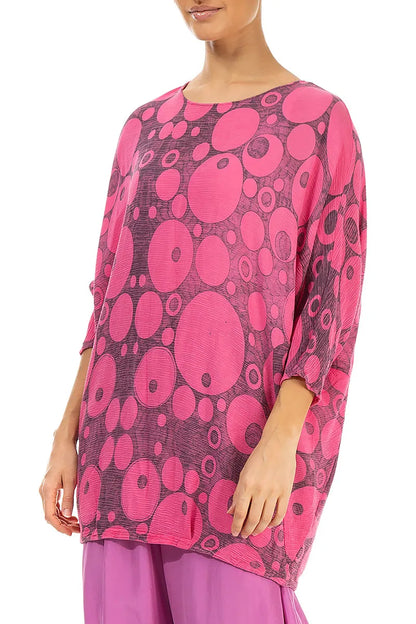 Kastenförmige Bluse aus Seidenviskose mit Kreismuster in kräftigem Pink