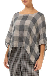 Boxy Large Check Beige Gauze Linen Blouse 3
