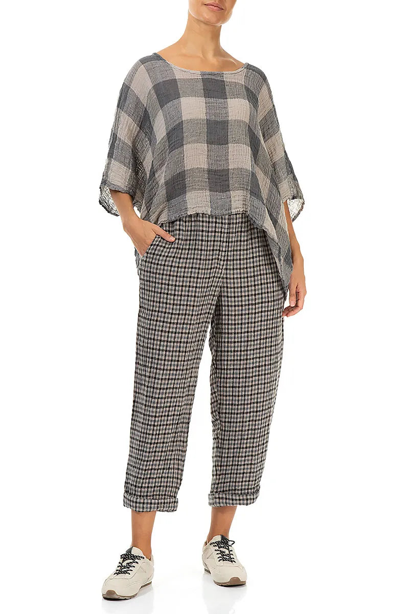 Boxy Large Check Beige Gauze Linen Blouse 4