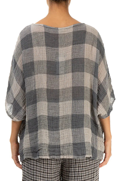 Boxy Large Check Beige Gauze Linen Blouse 2