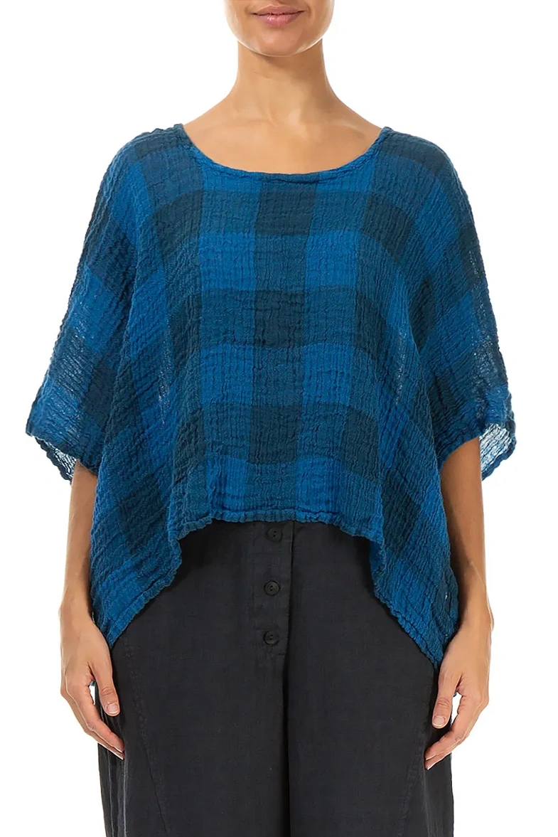 Boxy Large Check Cobalt Blue Gauze Linen Blouse