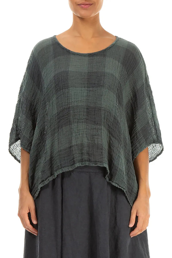 Boxy Large Check Sage Gauze Linen Blouse 1