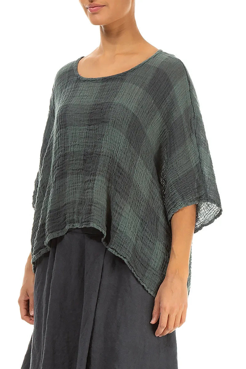 Boxy Large Check Sage Gauze Linen Blouse 4