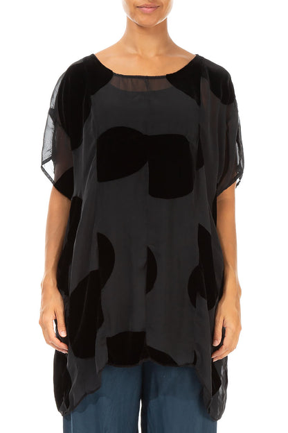 Boxy Large Devoré Bubbles Black Silk Velvet Tunic 1
