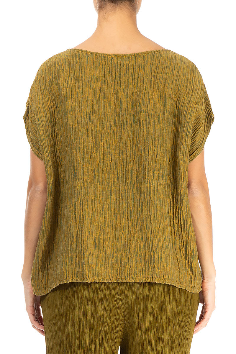 Boxy Olive Crinkled Silk Blouse