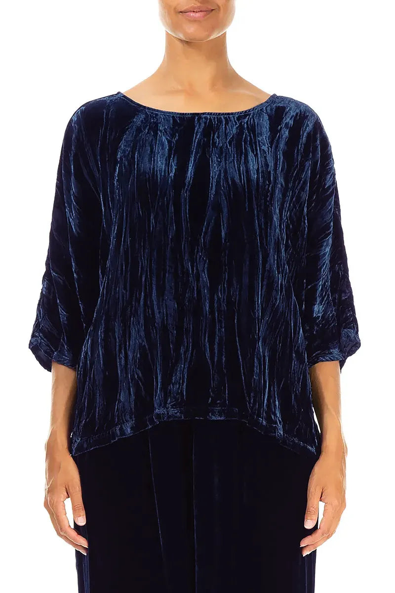 Boxy Royal Blue Crumpled Silk Velvet Blouse 1