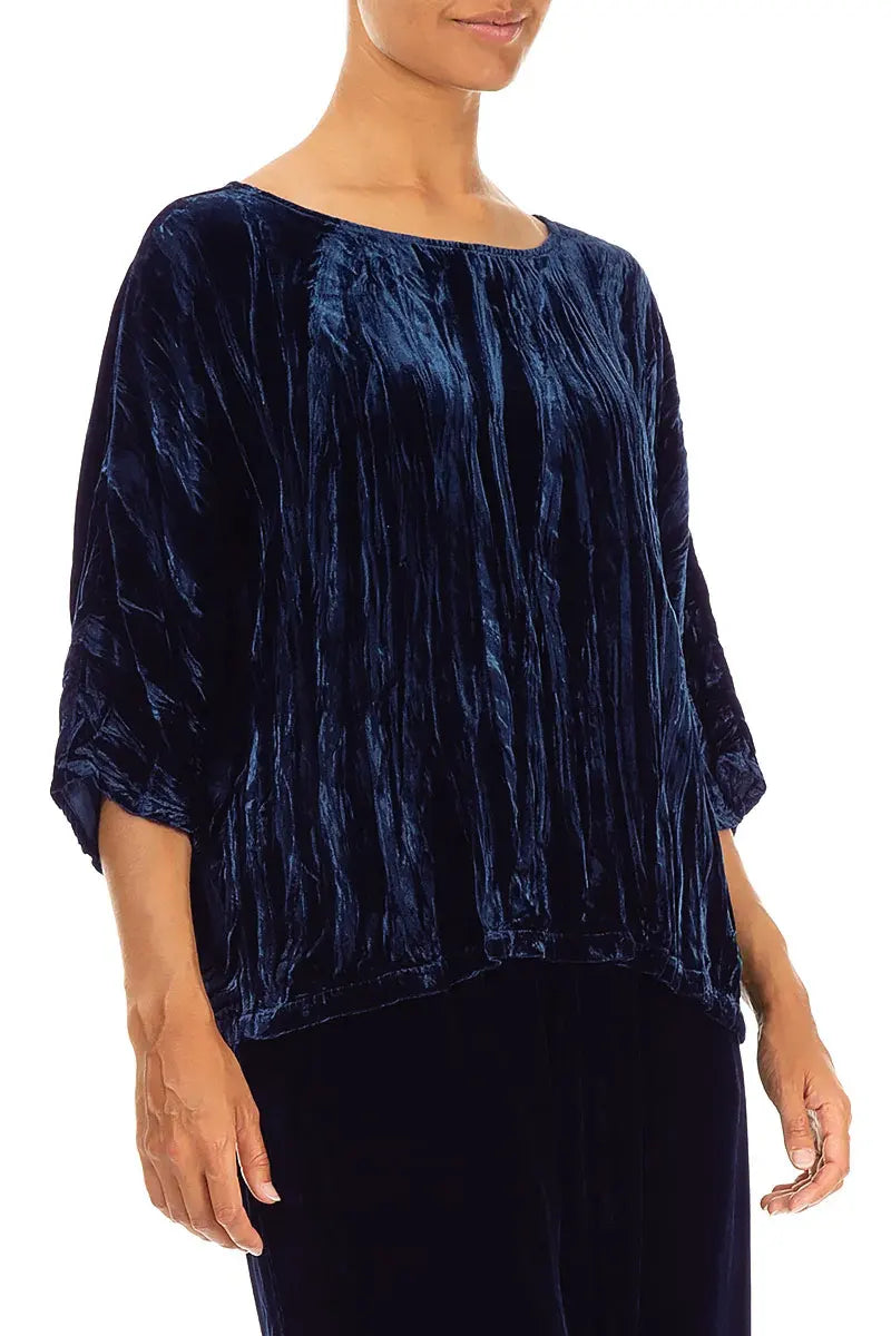 Boxy Royal Blue Crumpled Silk Velvet Blouse 3