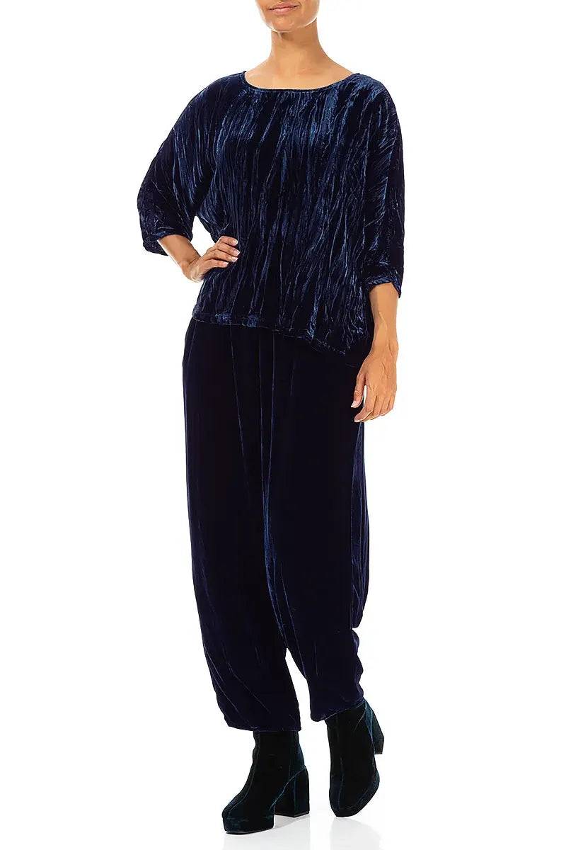 Boxy Royal Blue Crumpled Silk Velvet Blouse 4