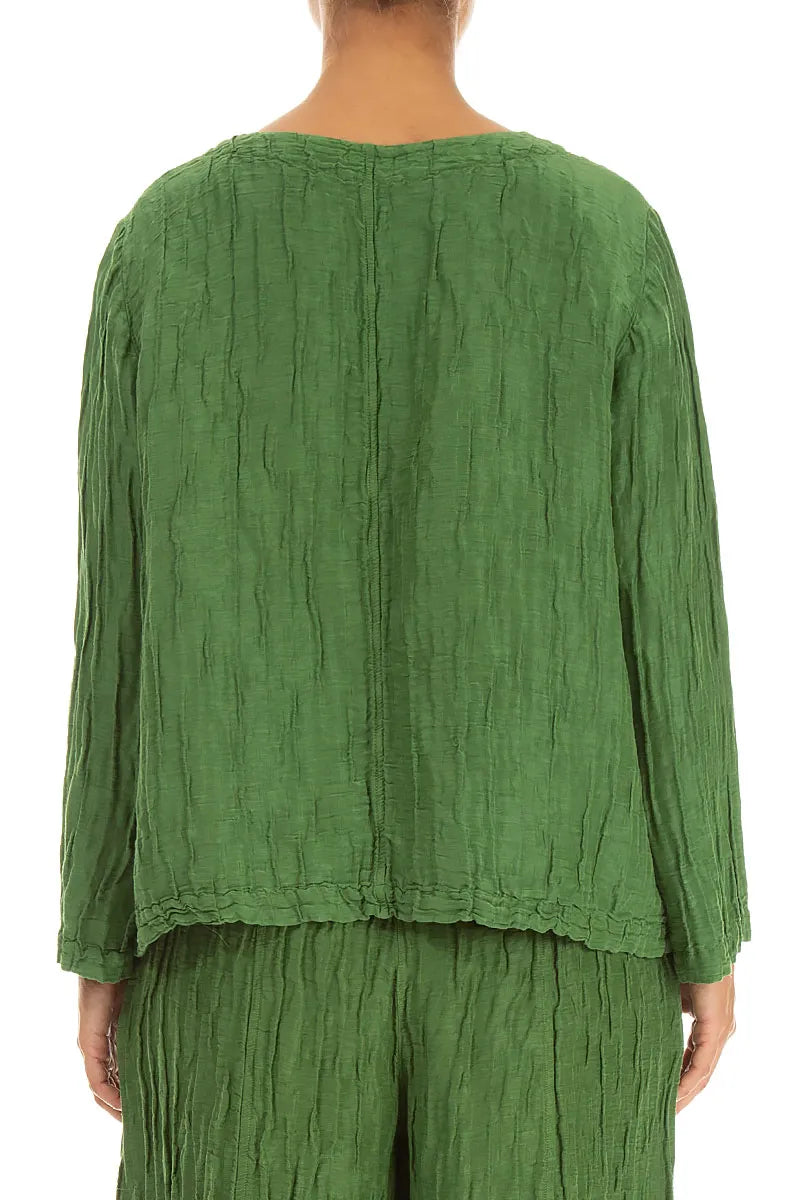 Boxy Shamrock Green Crinkled Silk Linen Blouse 2