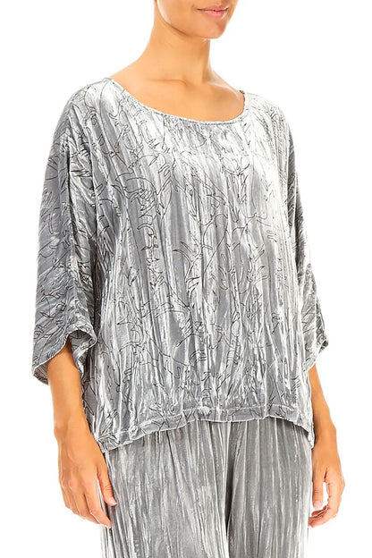 Boxy Silver Devoré Feather Silk Velvet Blouse 3
