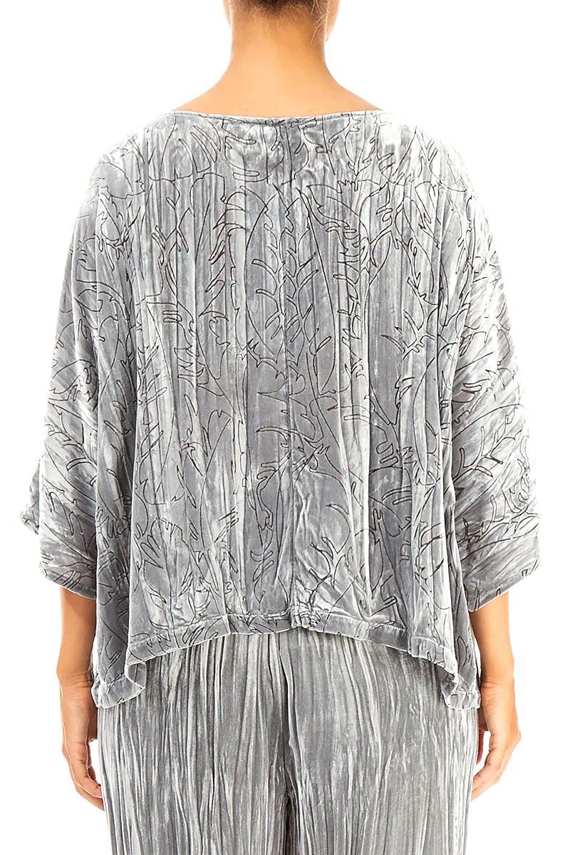 Boxy Silver Devoré Feather Silk Velvet Blouse 2