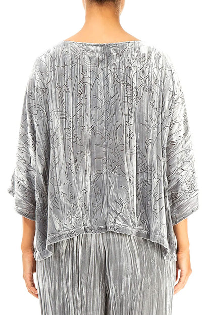 Boxy Silver Devoré Feather Silk Velvet Blouse 2