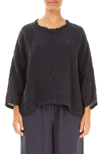 Boxy Slate Blue Mélange Linen Blouse 1