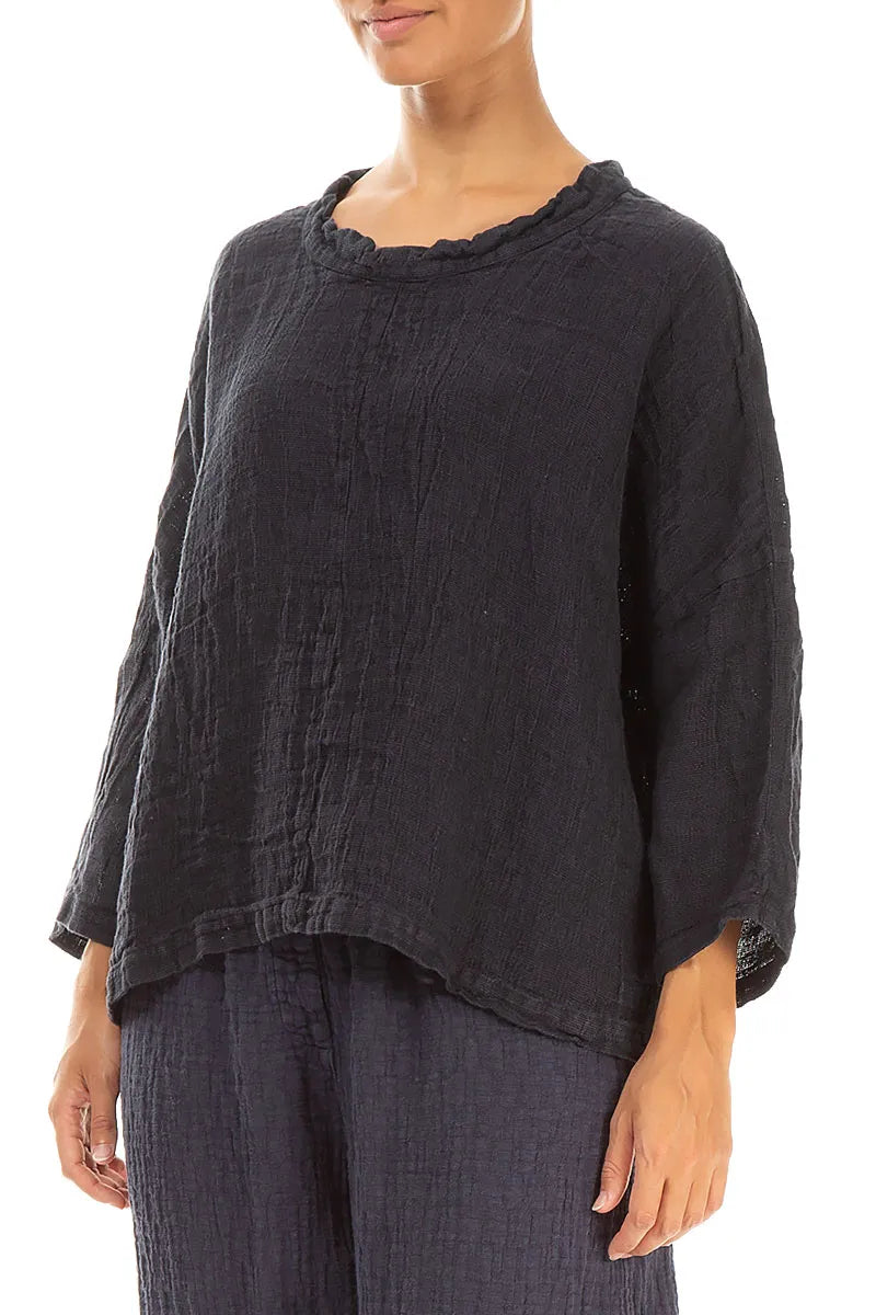 Boxy Slate Blue Mélange Linen Blouse 3