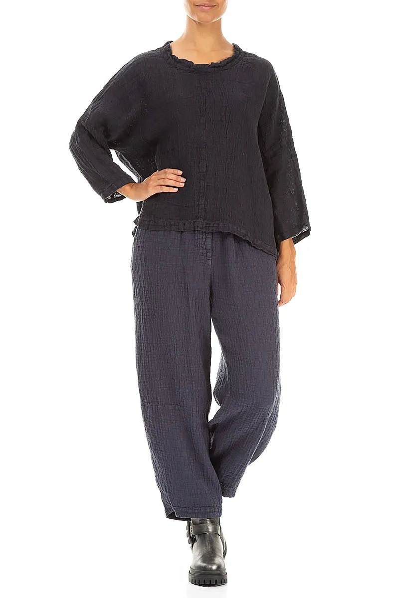 Boxy Slate Blue Mélange Linen Blouse 4