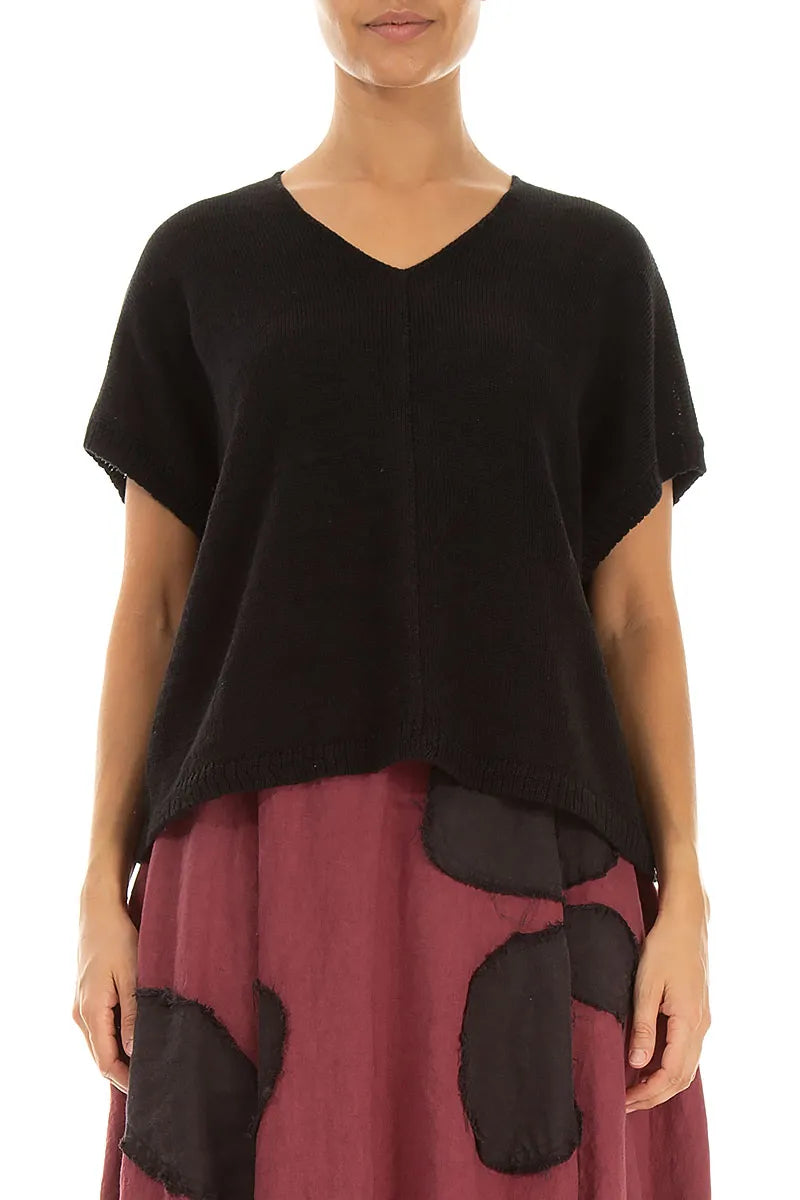 Boxy V-Neck Black Linen Vest 1