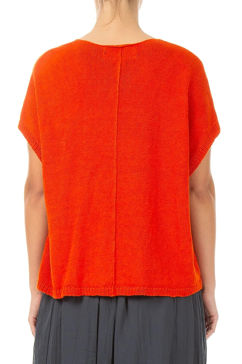 Boxy V-Neck Flame Orange Linen Vest
