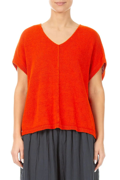 Boxy V-Neck Flame Orange Linen Vest