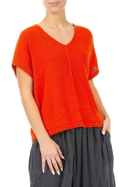 Boxy V-Neck Flame Orange Linen Vest