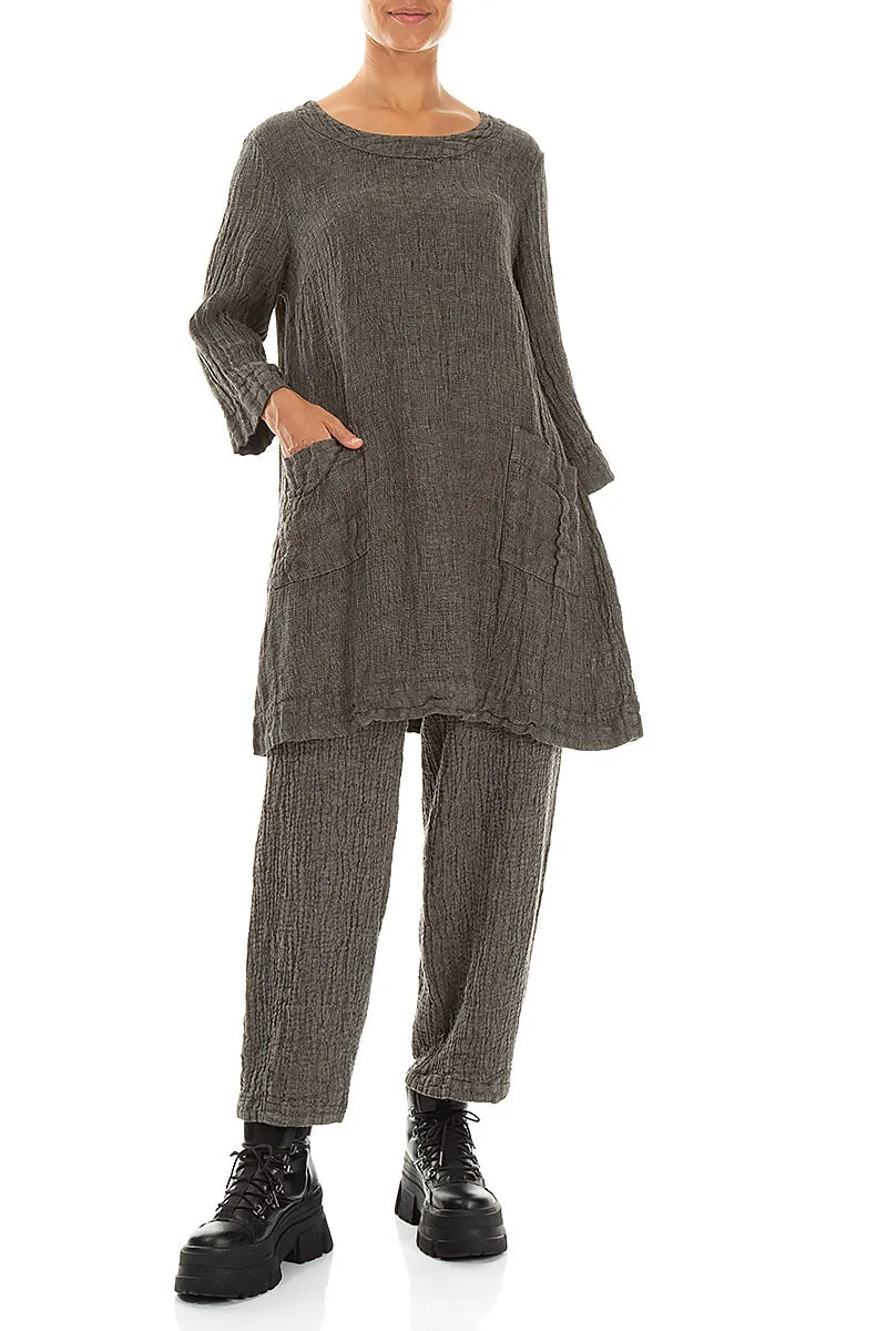 Bubble Olive Grey Textured Linen Trousers