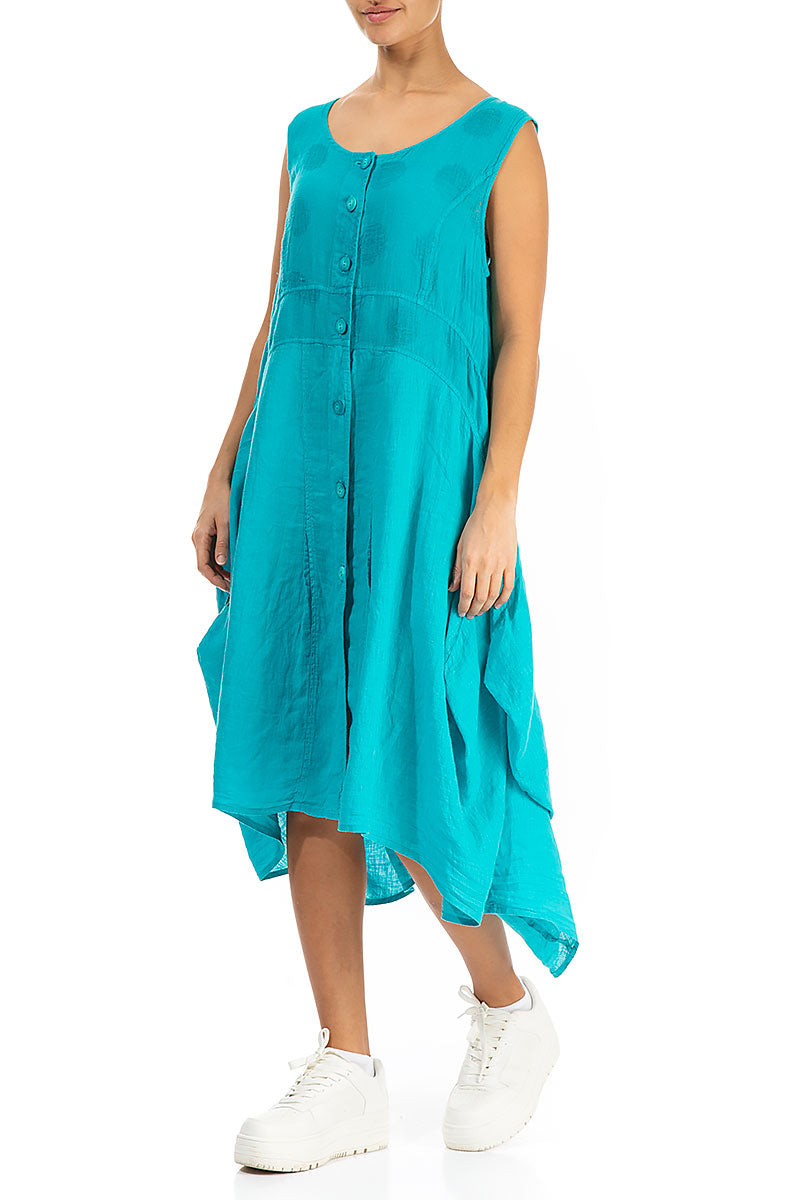 Bubble Patterned Asymmetric Turquoise Linen Dress 3