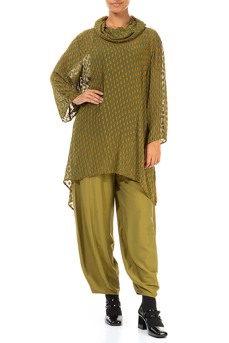 Bubbly Pattern Asymmetric Olive Silk Tunic