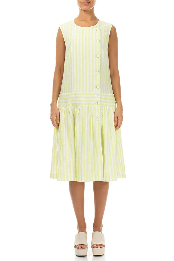 Gestreiftes Leinenkleid in Limette mit Knopfdetails