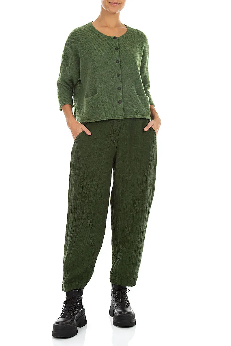 Button Front Shamrock Green Mélange Linen Trousers