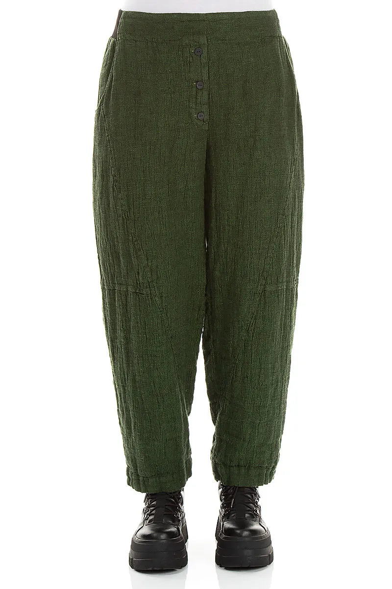 Button Front Shamrock Green Mélange Linen Trousers