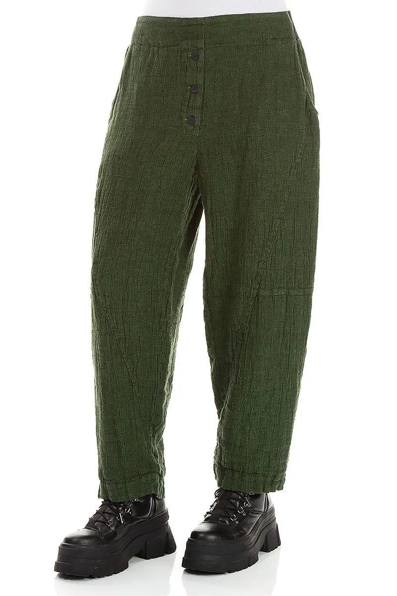 Button Front Shamrock Green Mélange Linen Trousers