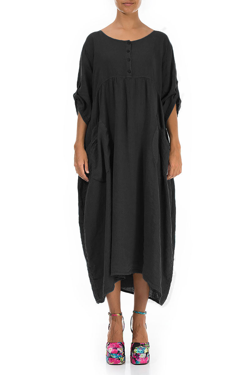 Buttoned Black Linen Dress