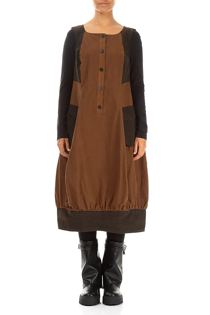 Buttoned Aged Copper Cotton Pinafore Dress 1