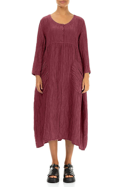 Buttoned Antique Ruby Crinkled Silk Linen Dress 1