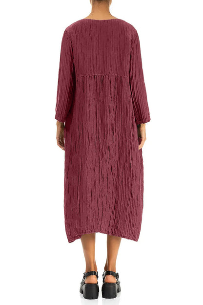 Buttoned Antique Ruby Crinkled Silk Linen Dress 2