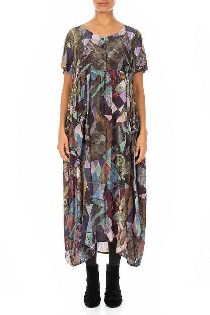 Buttoned Art Mosaic Silk Bamboo Dress 1