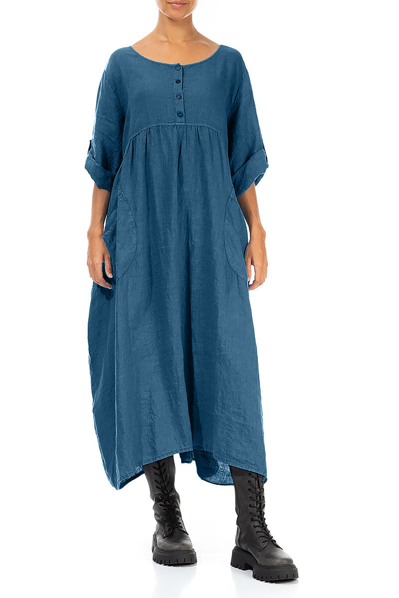 Buttoned Azure Linen Dress