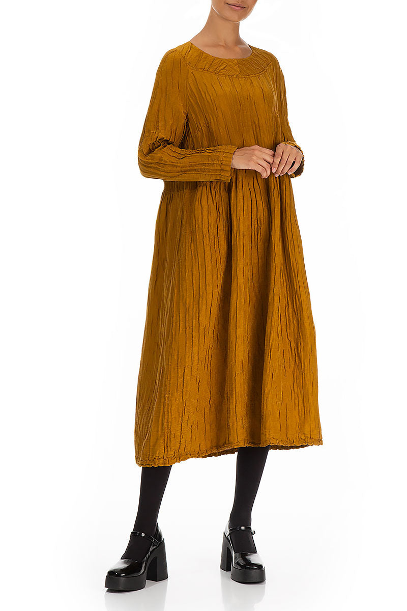Buttoned Back Crinkled Honey Silk Linen Dress 4