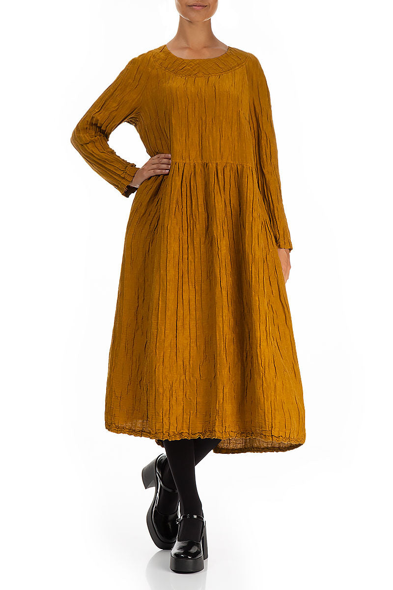 Buttoned Back Crinkled Honey Silk Linen Dress 5