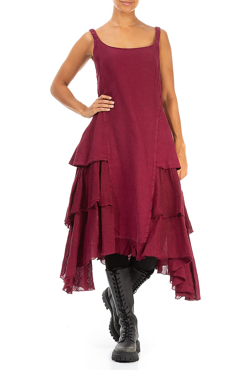 Buttoned Back Dark Red Linen Dress