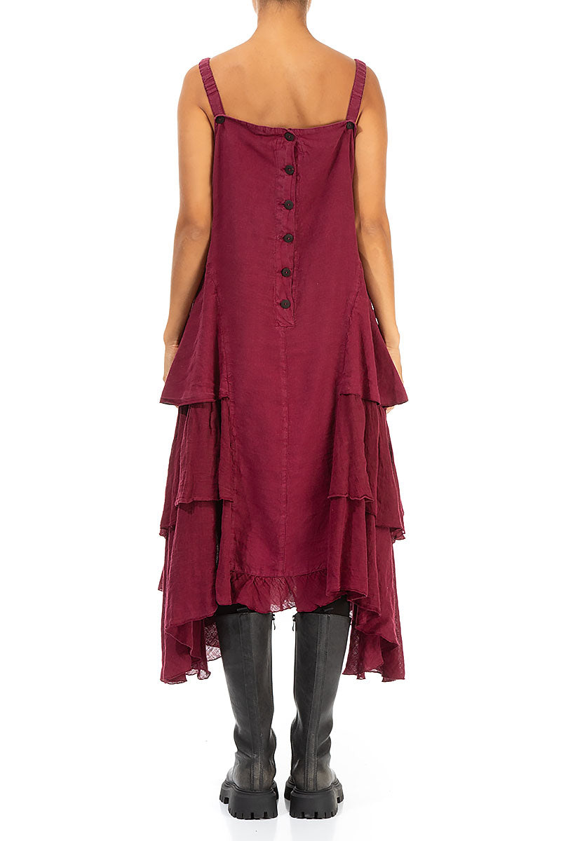 Buttoned Back Dark Red Linen Dress