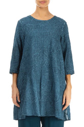 Buttoned Back Embroidered Denim Teal Cotton Tunic 1