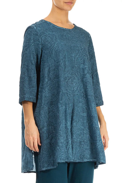 Buttoned Back Embroidered Denim Teal Cotton Tunic 3