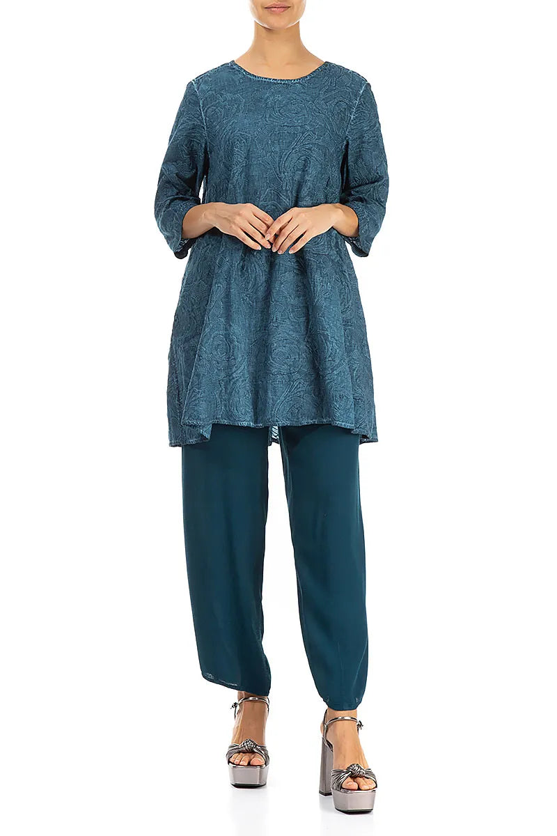 Buttoned Back Embroidered Denim Teal Cotton Tunic 4